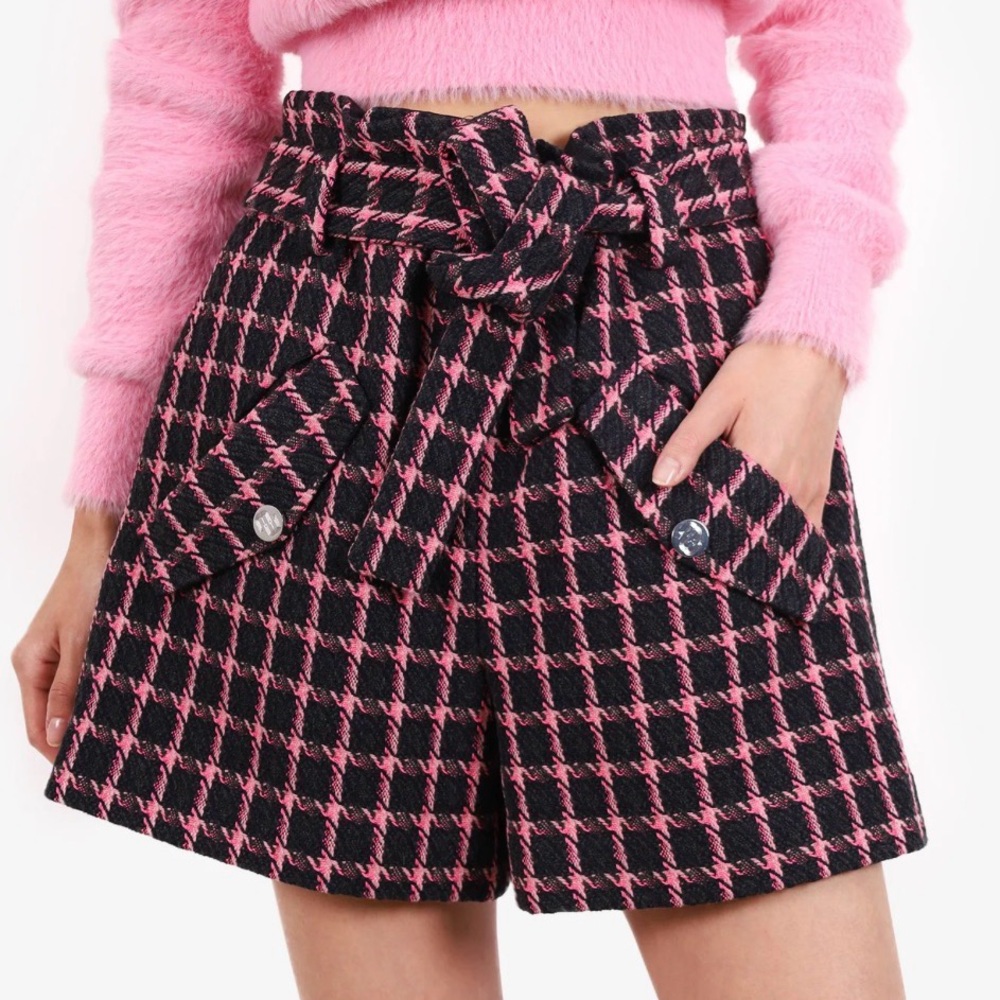 Maje Pink, Black, Navy Plaid/ Tweed Belted Shorts (FR38) US 6
